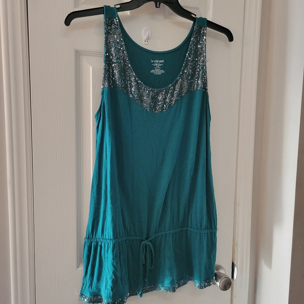 LANE BRYANY Teal Sequin Scoop Neck Tank Top